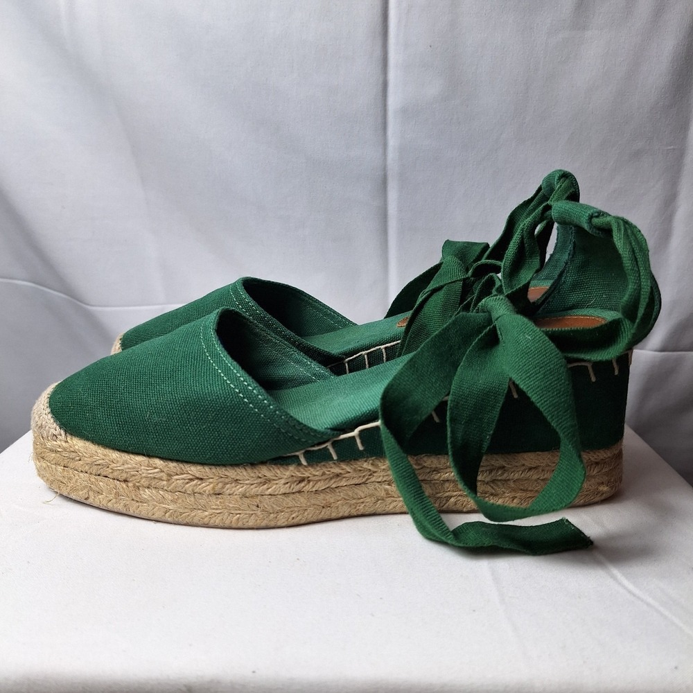 TALBOTS Izzy d'Orsay Tie-Ankle Espadrille Wedge Sz 7.5 Green Canvas Coastal Beac - Picture 4 of 10